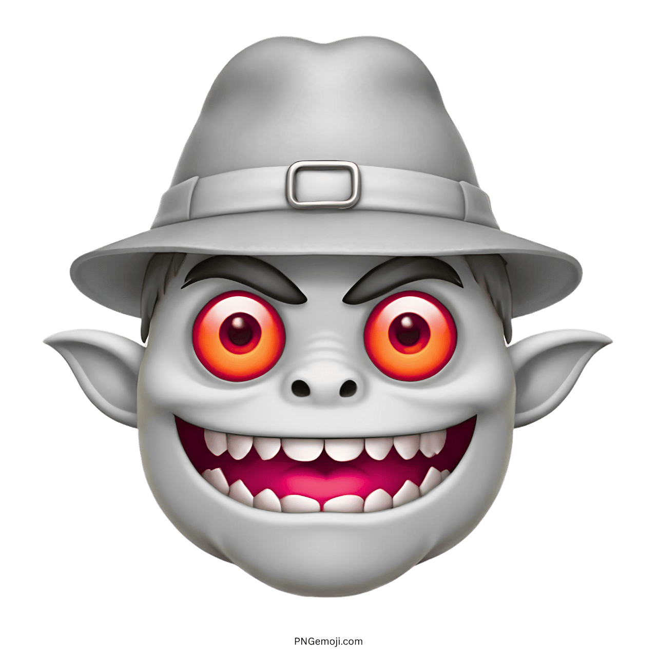 3D monster emoji with red eyes and a grey hat, showing a mischievous grin