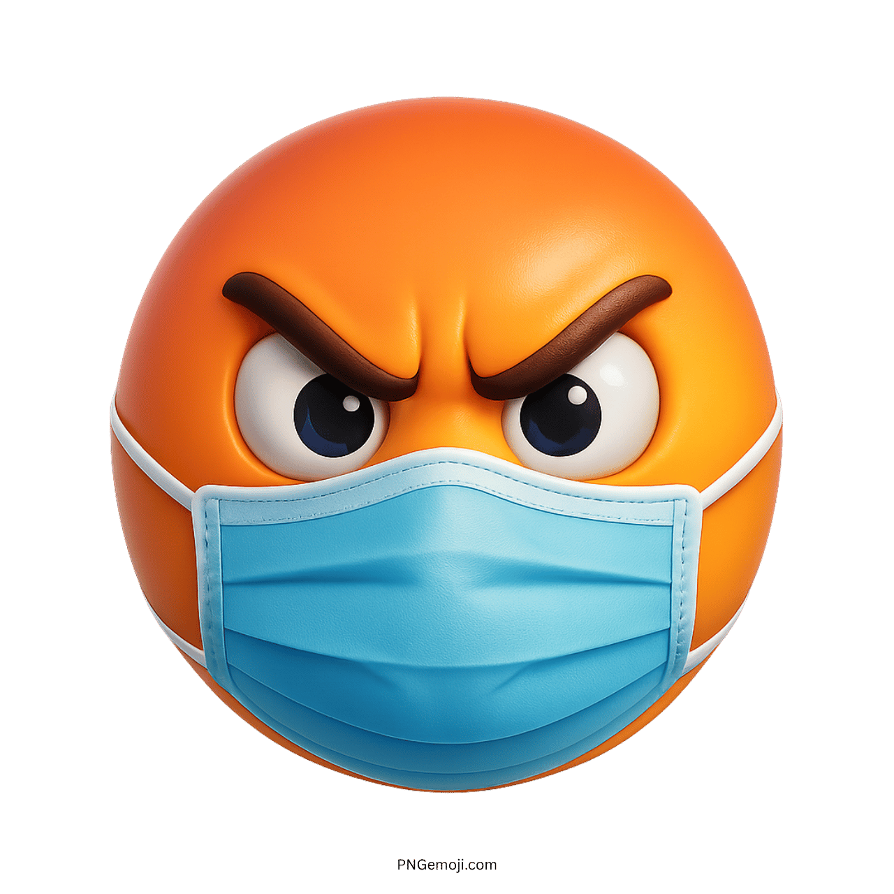 Orange angry emoji face with a blue surgical mask showing irritation and health safety