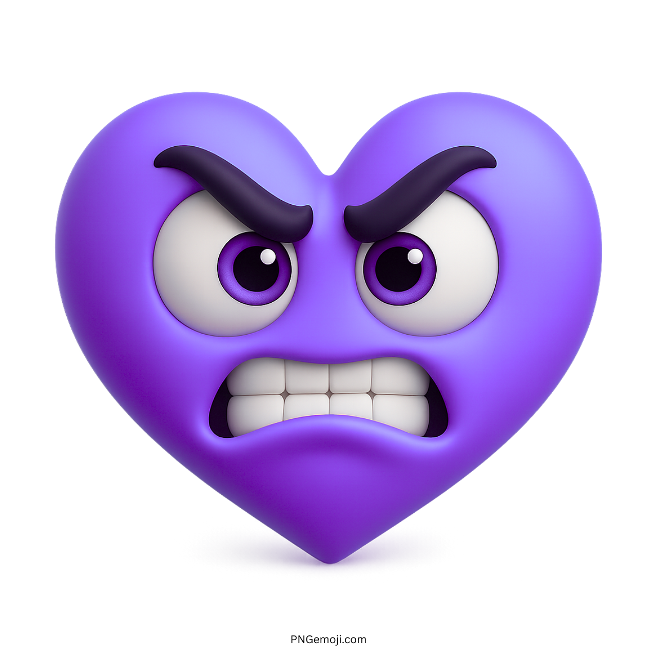 Angry purple heart emoji with gritted teeth, intense cartoon eyes, and dark eyebrows