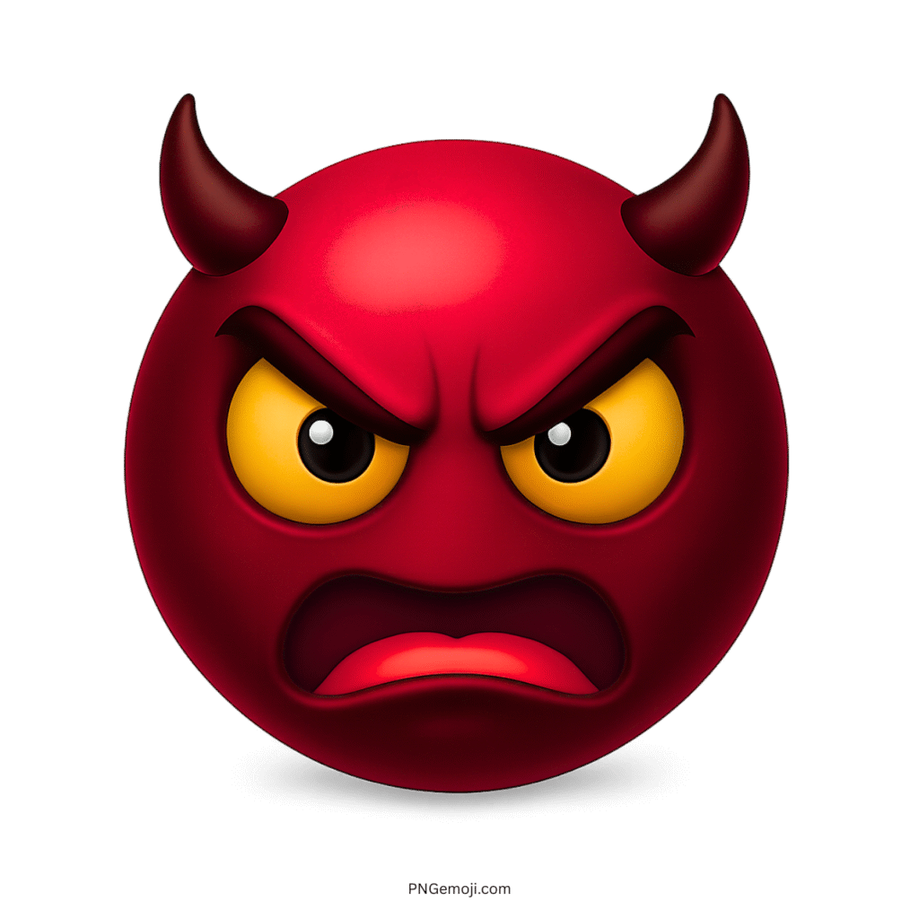 Angry red devil emoji with fierce yellow eyes, curved black horns, and furious expression.