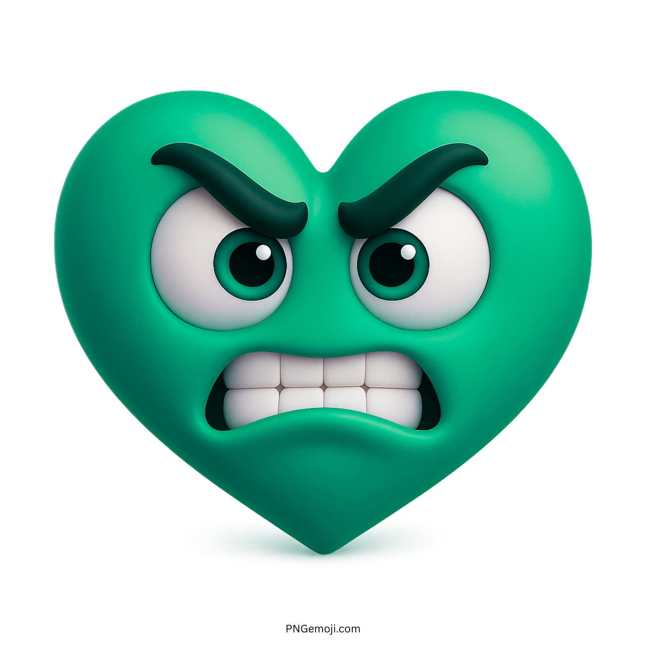 Angry teal heart emoji with bold eyebrows, clenched teeth, and cartoon-style fierce eyes