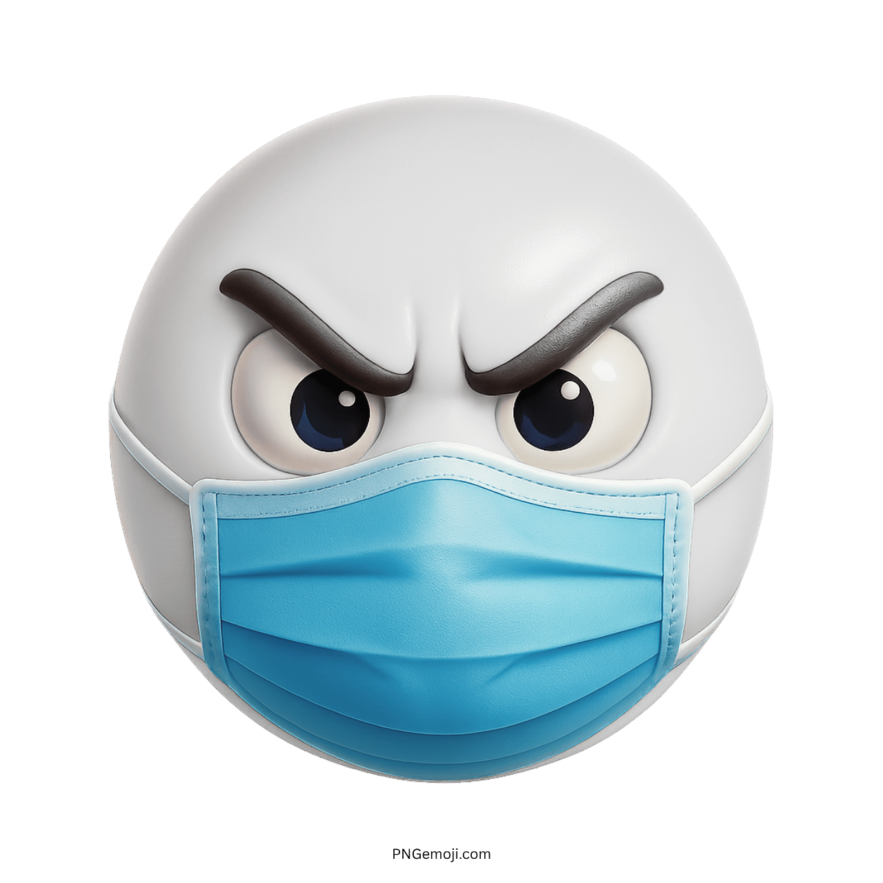 White angry emoji face wearing a blue surgical mask showing frustration and safety awareness
