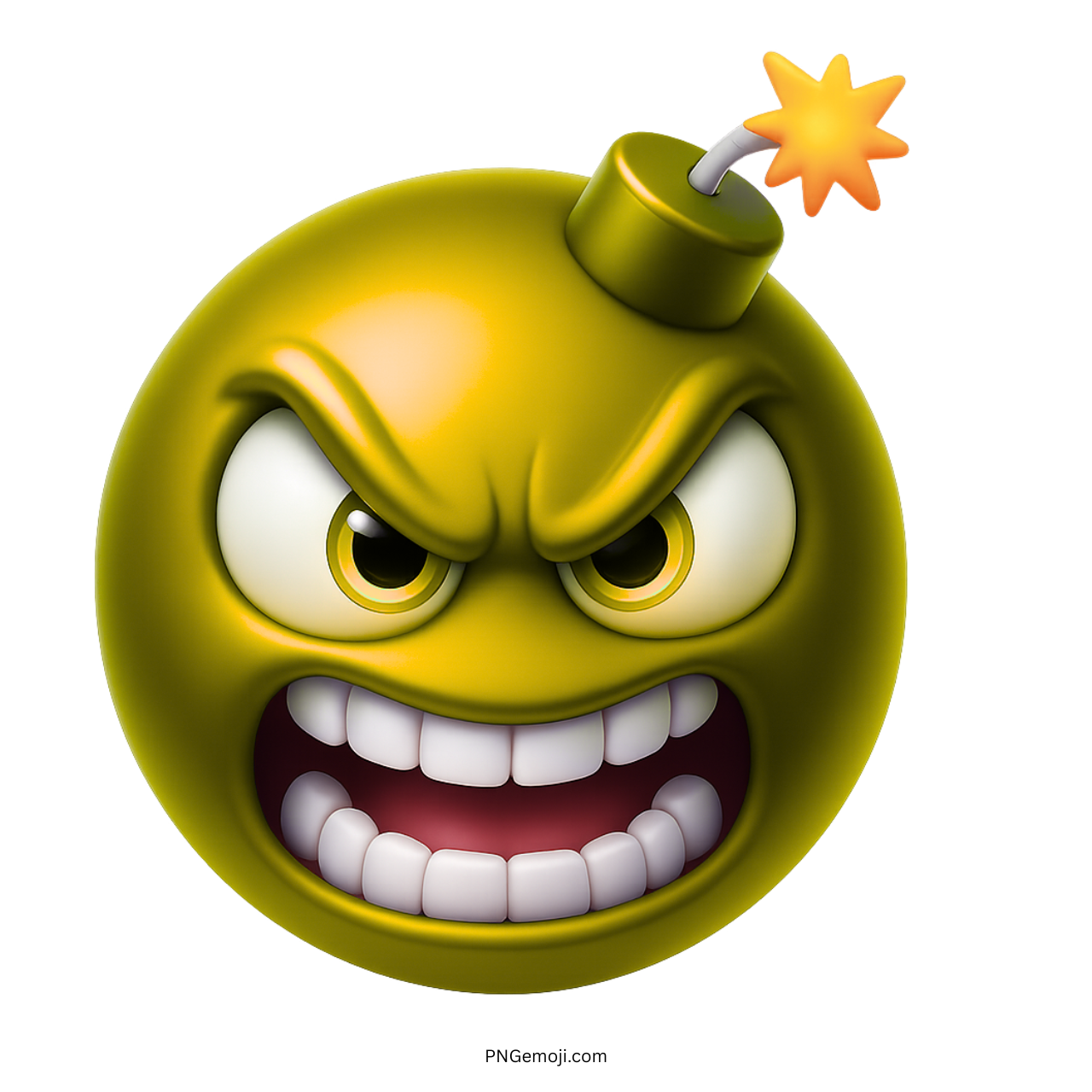3D yellow bomb face emoji with furious eyes and lit fuse on top