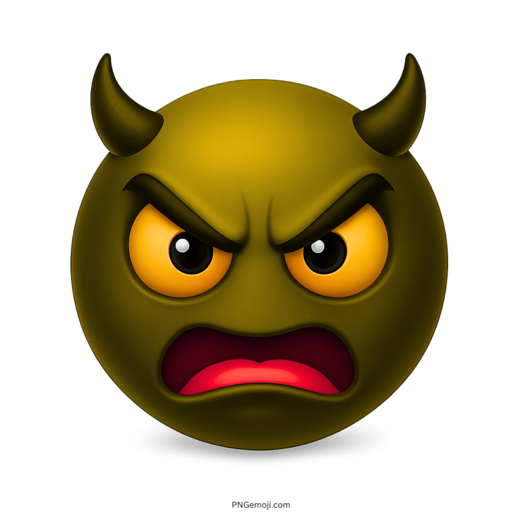 Angry yellow devil emoji with dark horns, glowing eyes, and furious facial expression.
