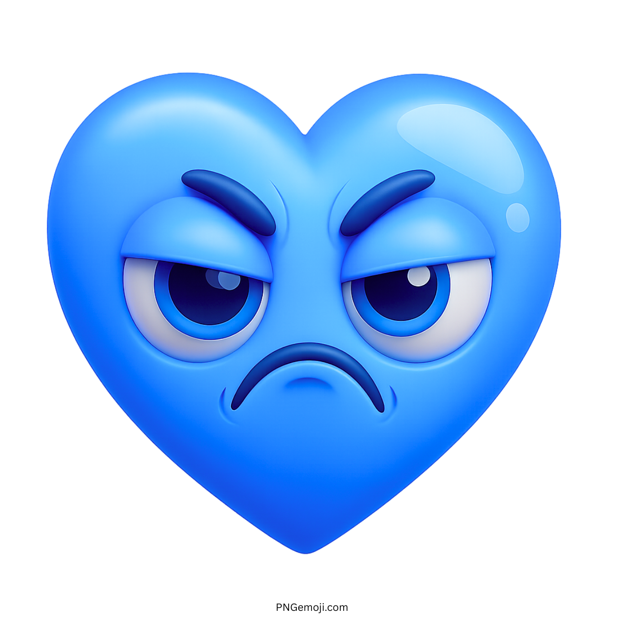 Annoyed blue heart emoji with furrowed brows and frowning sad expression