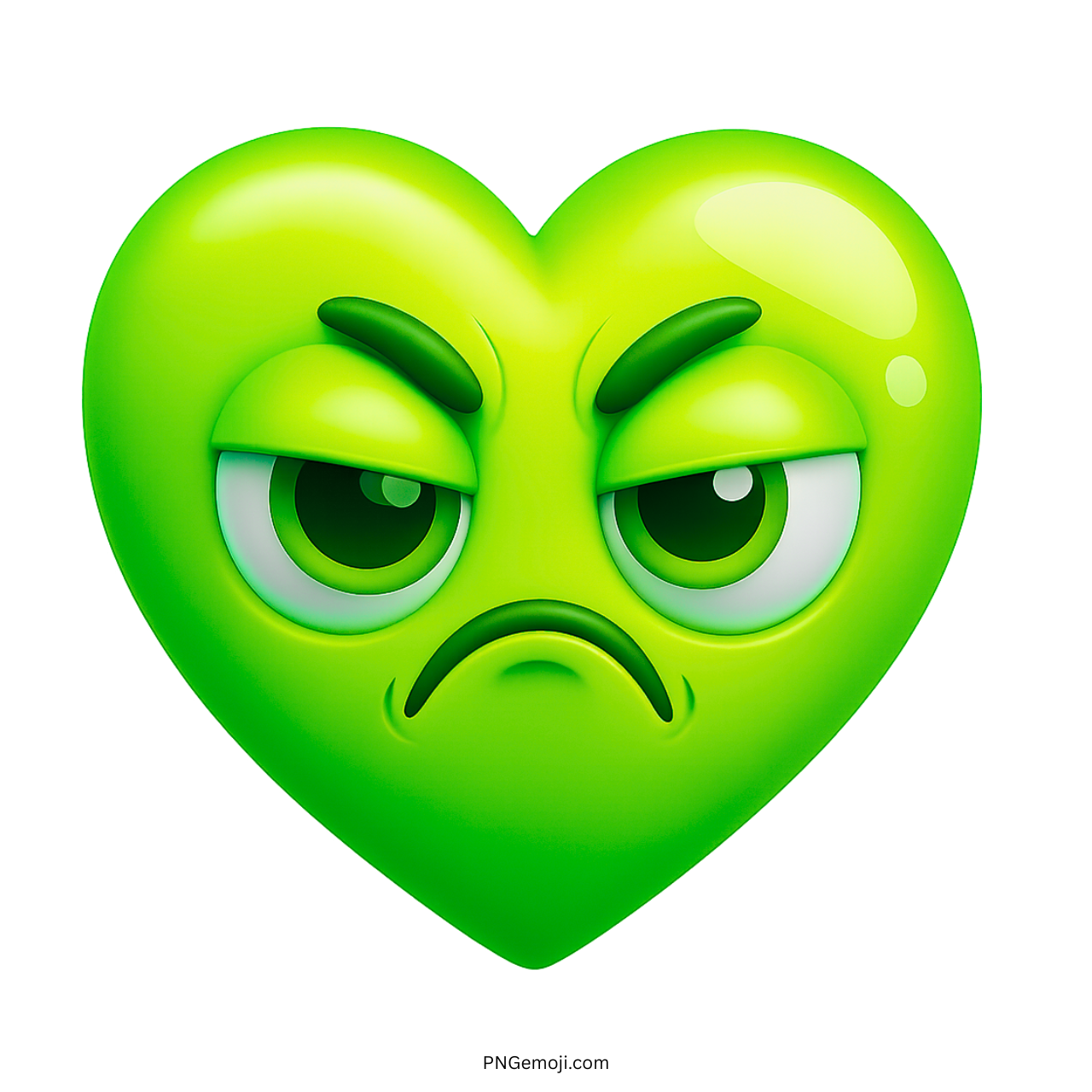 Annoyed green heart emoji with frowning mouth and frustrated glaring eyes