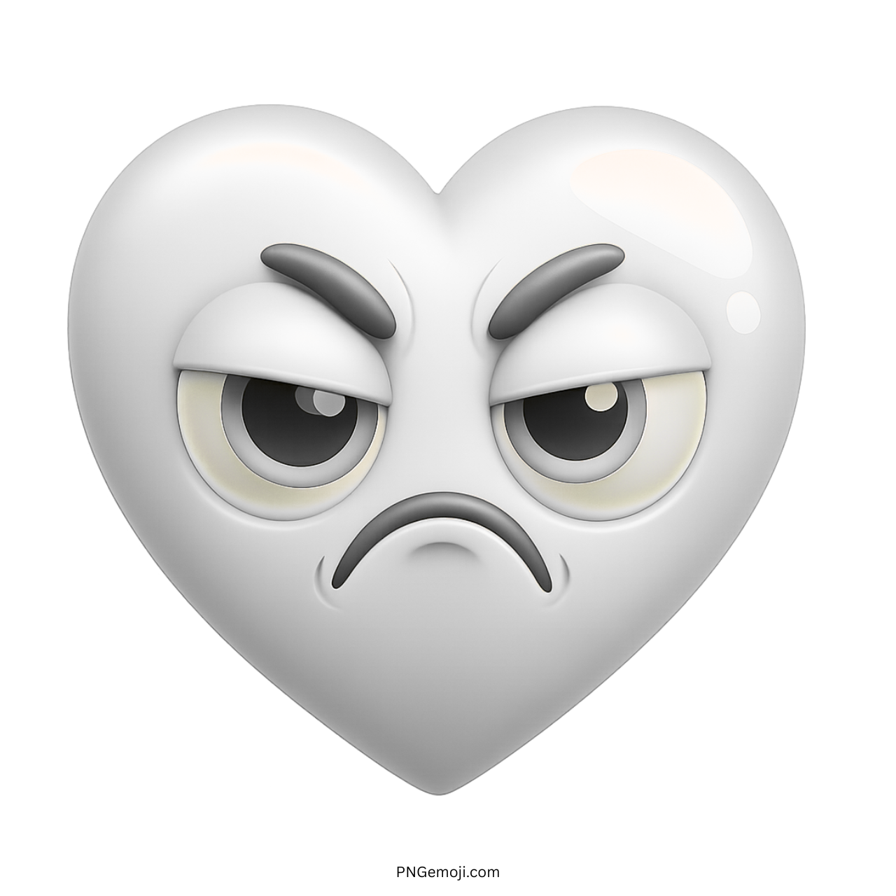 Annoyed white heart emoji with angry eyebrows and moody facial expression
