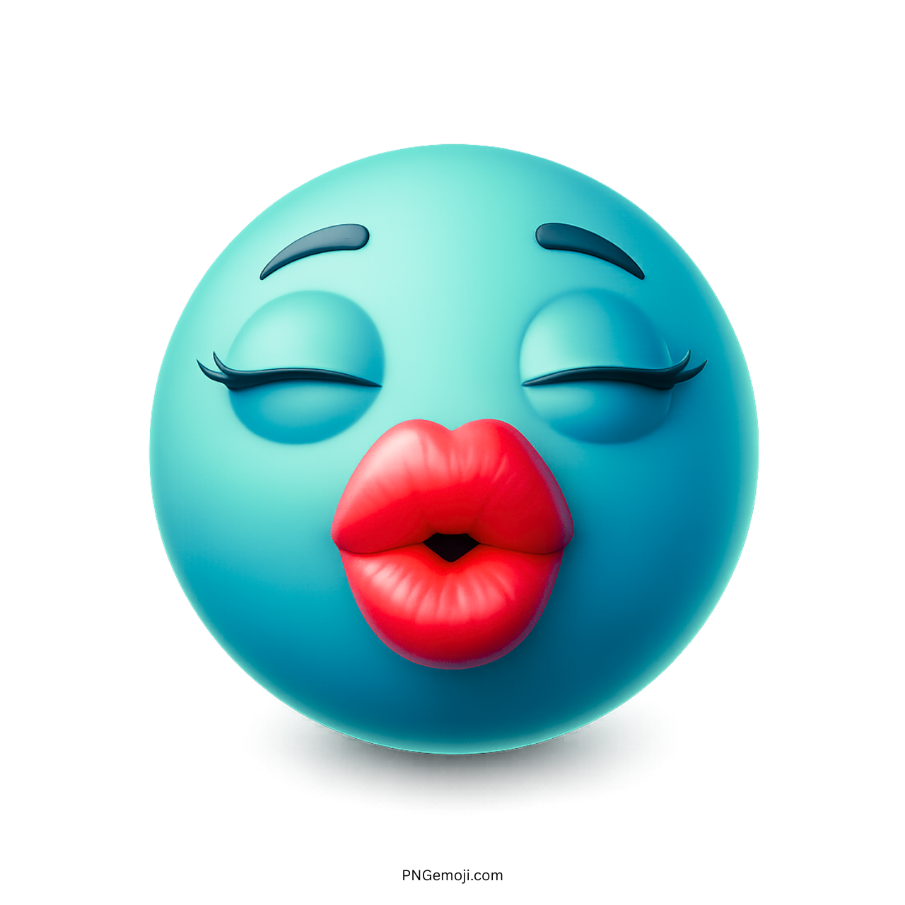 Aqua teal 3D emoji with red lips and closed eyes showing a kissing face