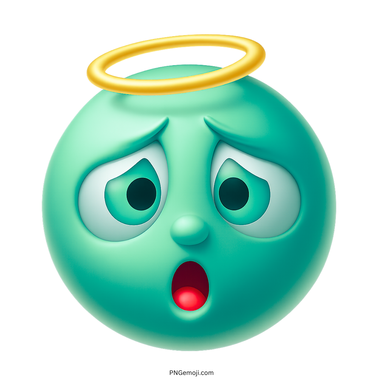 3D aqua-colored angel emoji with yellow halo and surprised innocent facial expression