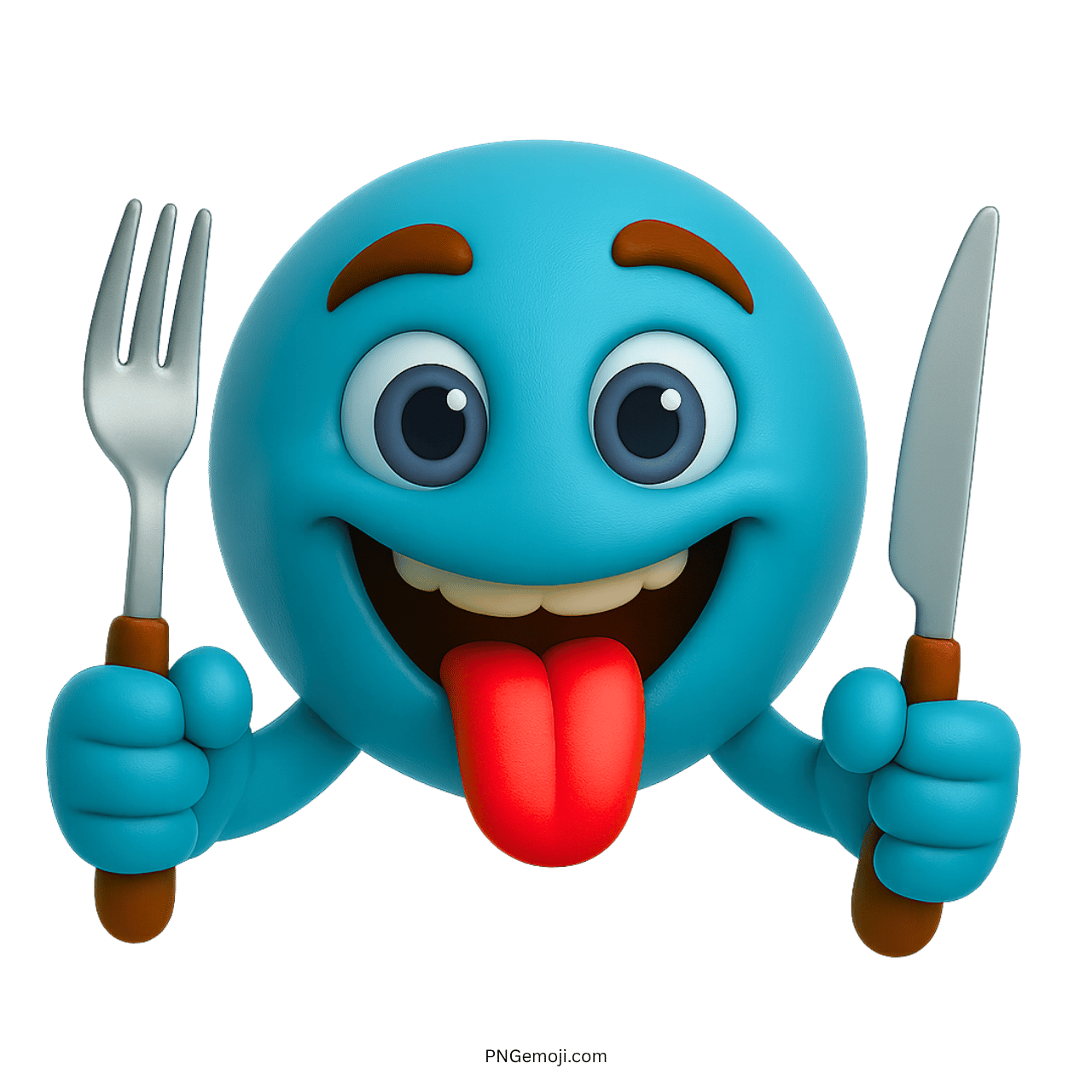 Aqua blue hungry emoji holding fork and knife with tongue out and smile