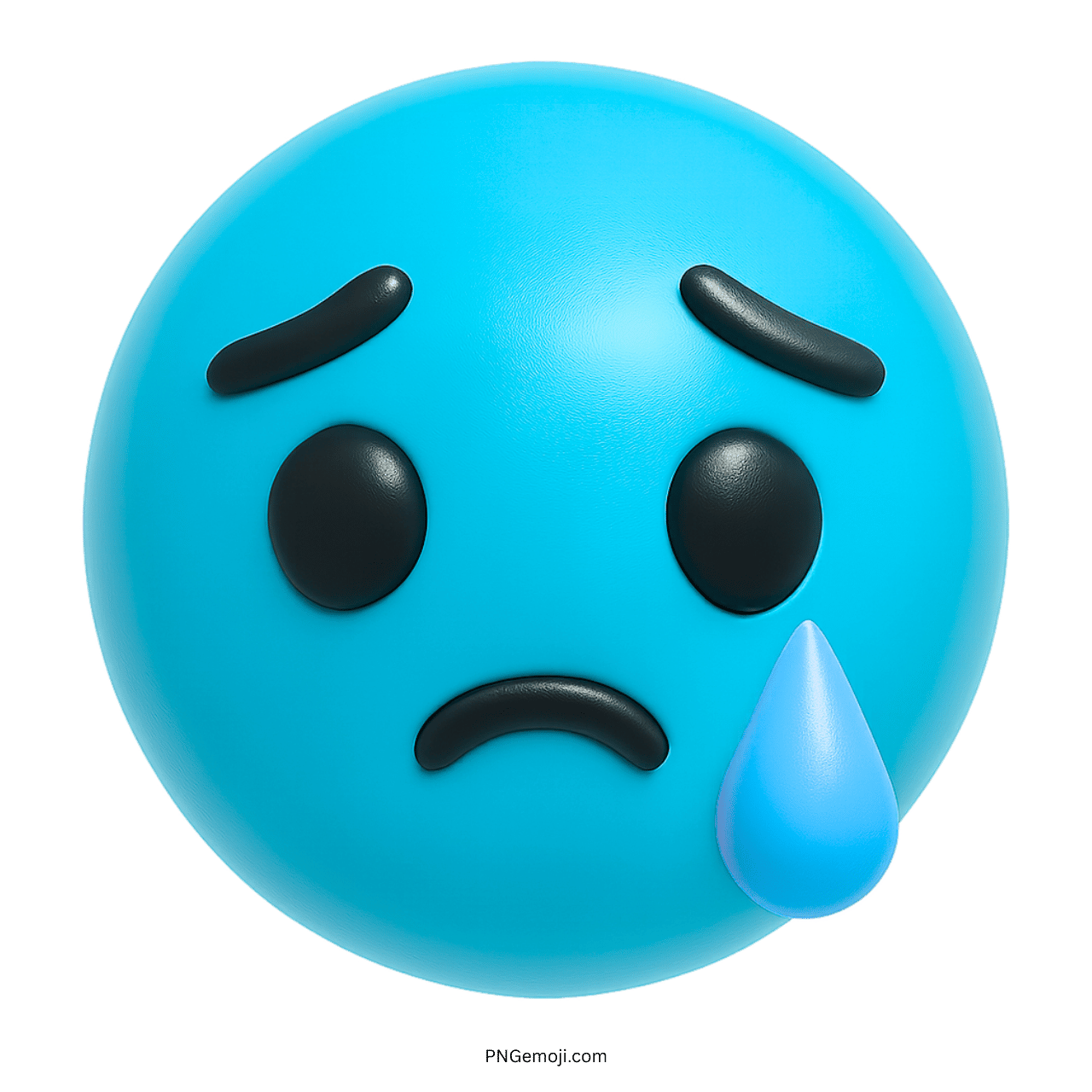 3D aqua blue sad emoji with teardrop, frowning mouth, and worried black eyes