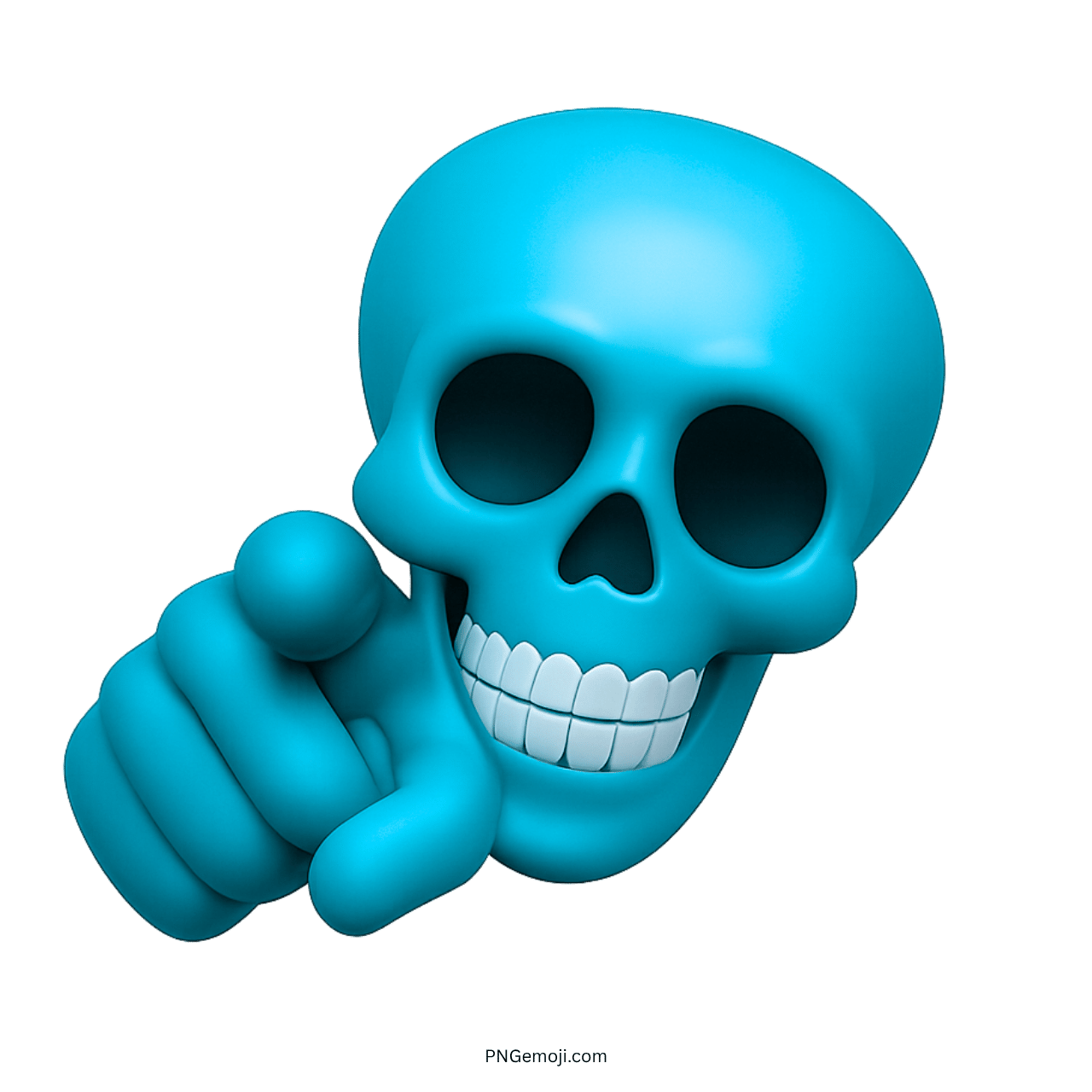 3D aqua blue skull emoji with pointing hand and wide smiling face