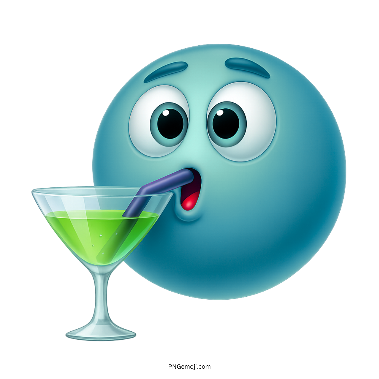 Aqua blue emoji drinking green cocktail from martini glass using purple straw icon