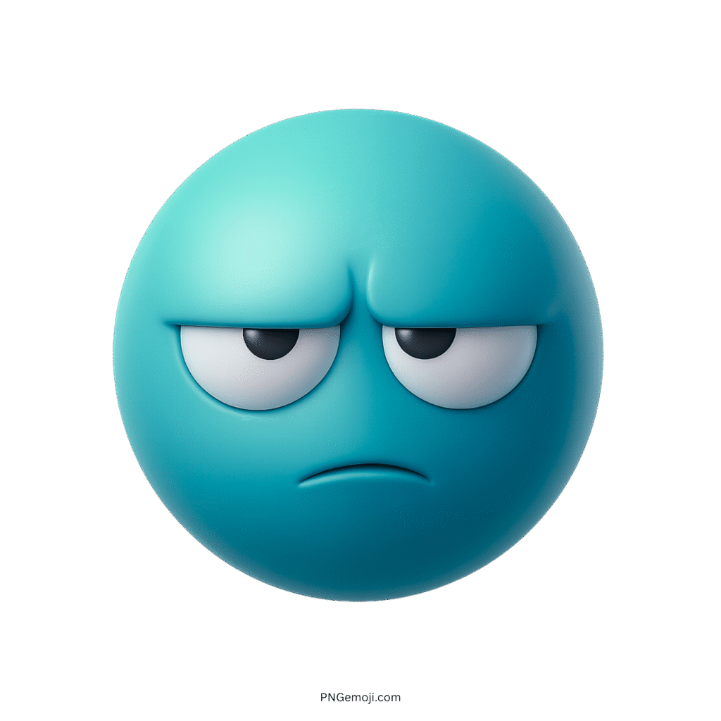 Aqua blue unimpressed emoji with bored eyes and blank expression in 3D design