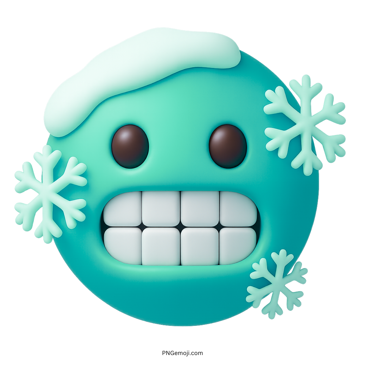 3D aqua cold face emoji with frozen teeth, snowflakes, and icy winter look