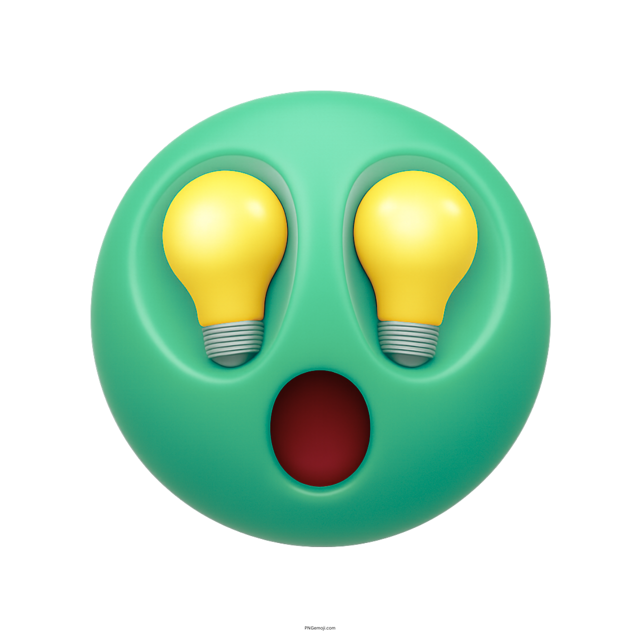 Aqua green emoji with lightbulb eyes and surprised red mouth expressing sudden smart idea