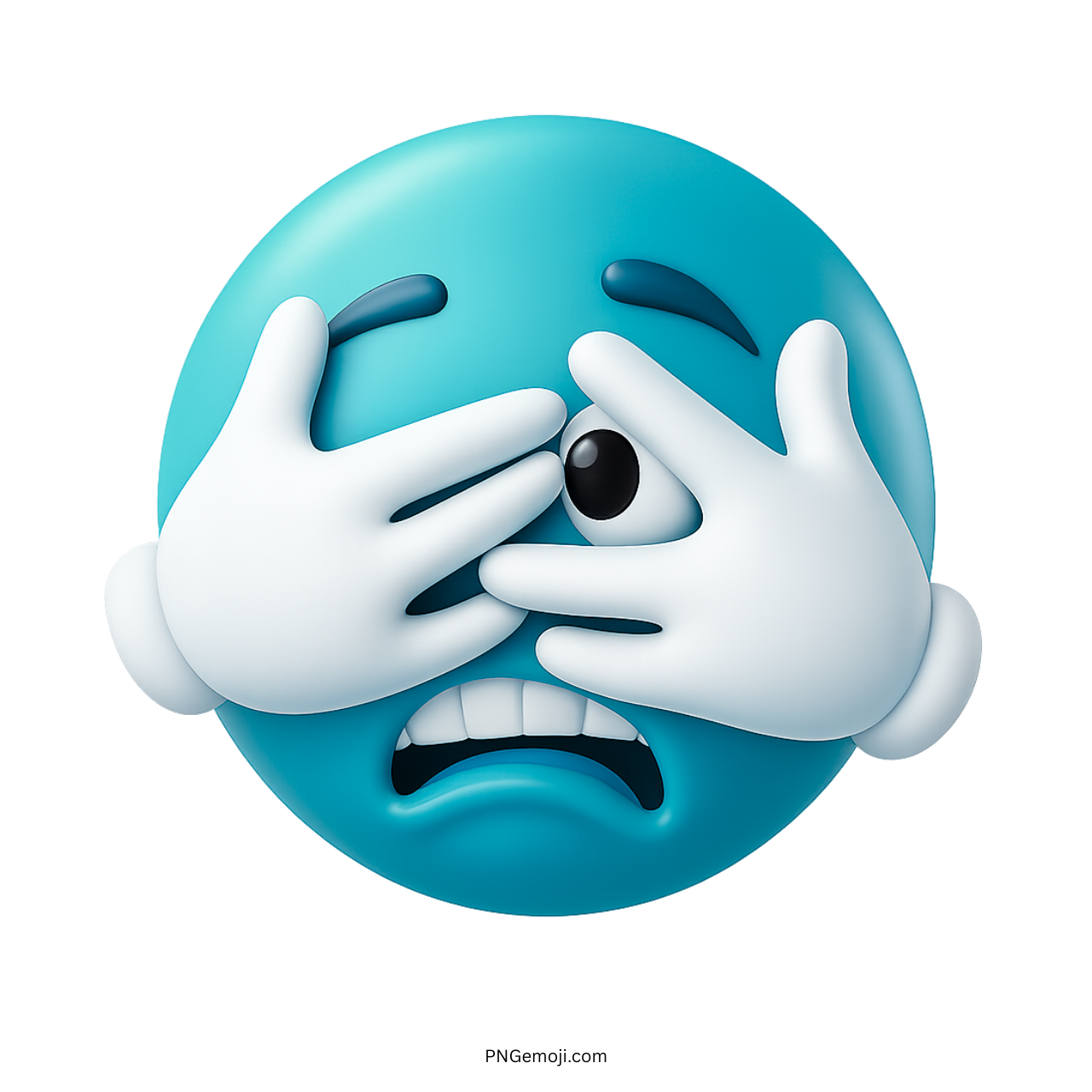 Aqua emoji with hands over face peeking fearfully through fingers in anxious expression
