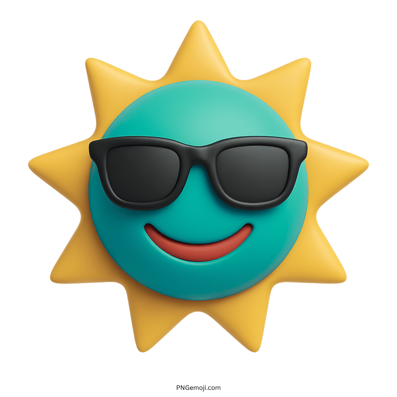 3D aqua blue sun emoji wearing black sunglasses and red smiling mouth in PNG