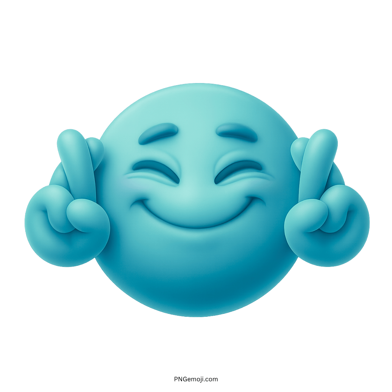 Aqua teal 3D emoji smiling with fingers crossed for encouragement and hopeful vibes