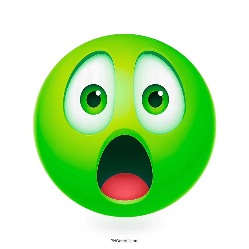 Green astonished emoji with wide eyes and open mouth expressing intense surprise or fear.