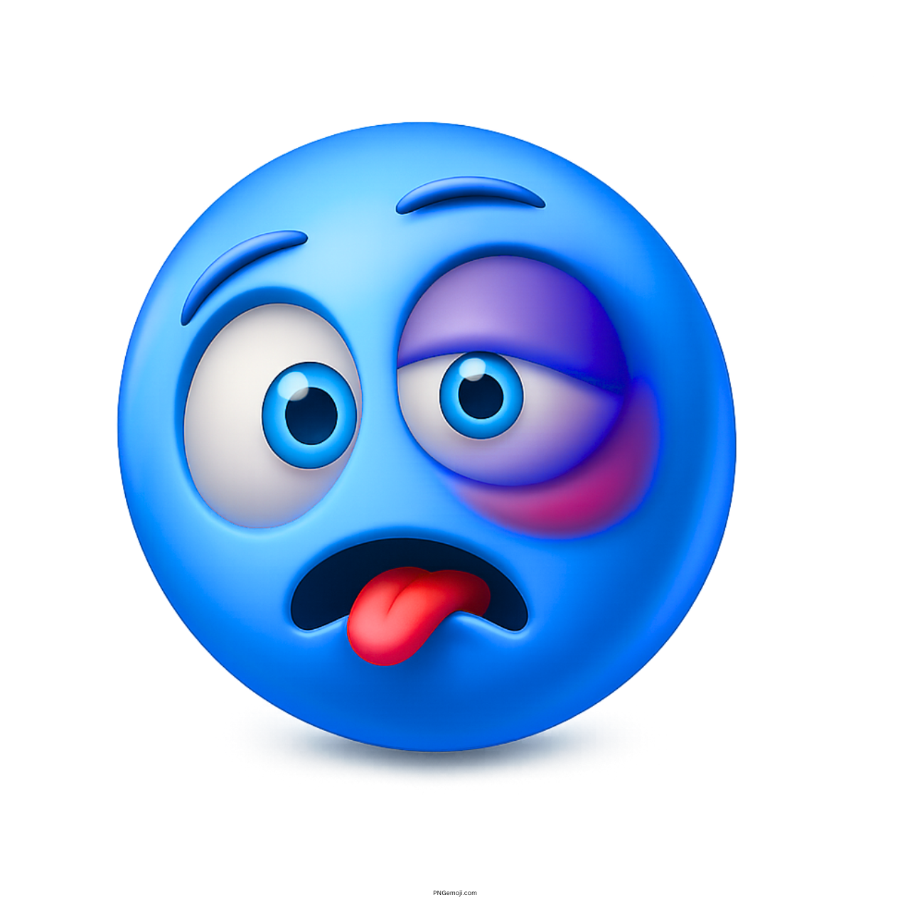 Beaten swollen blue smiley face emoji with bruised eye and tongue out