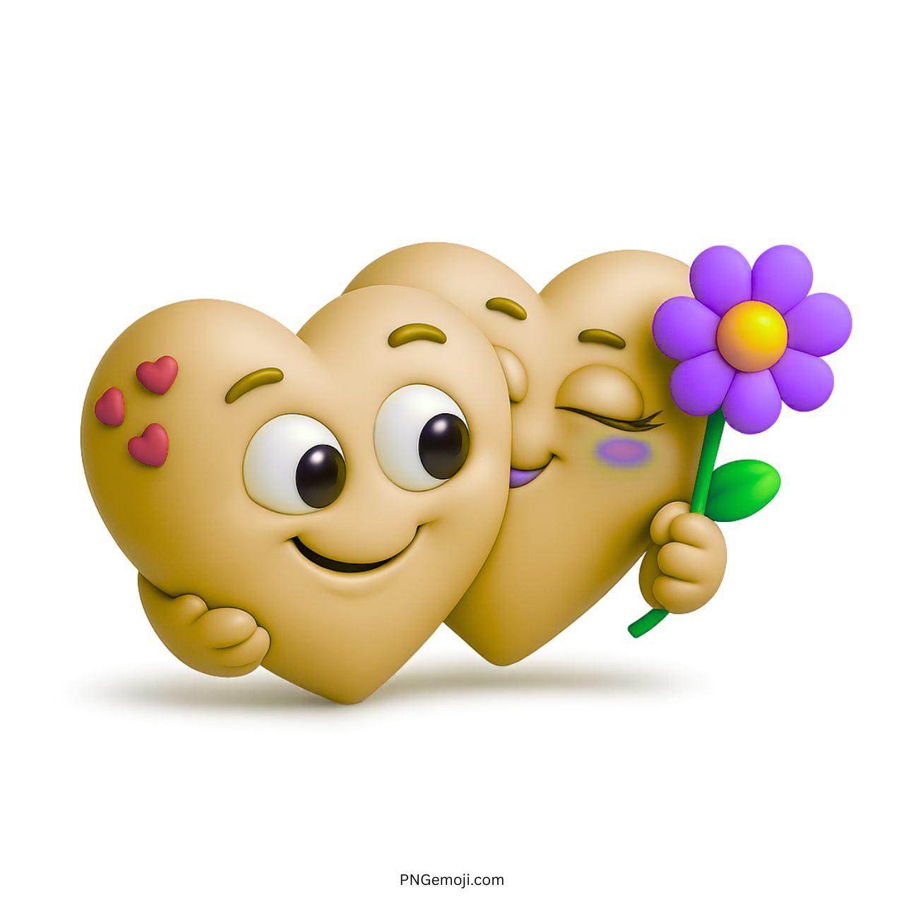 Beige 3D heart emoji couple hugging and holding flower with cute smiles