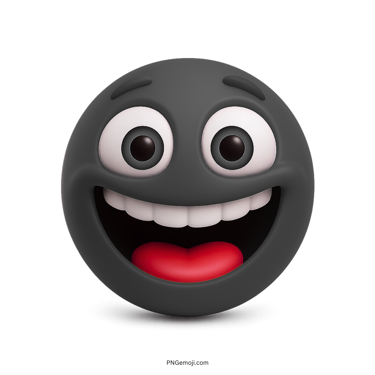 3D black emoji with big smile, wide eyes, and excited cartoonish happy face