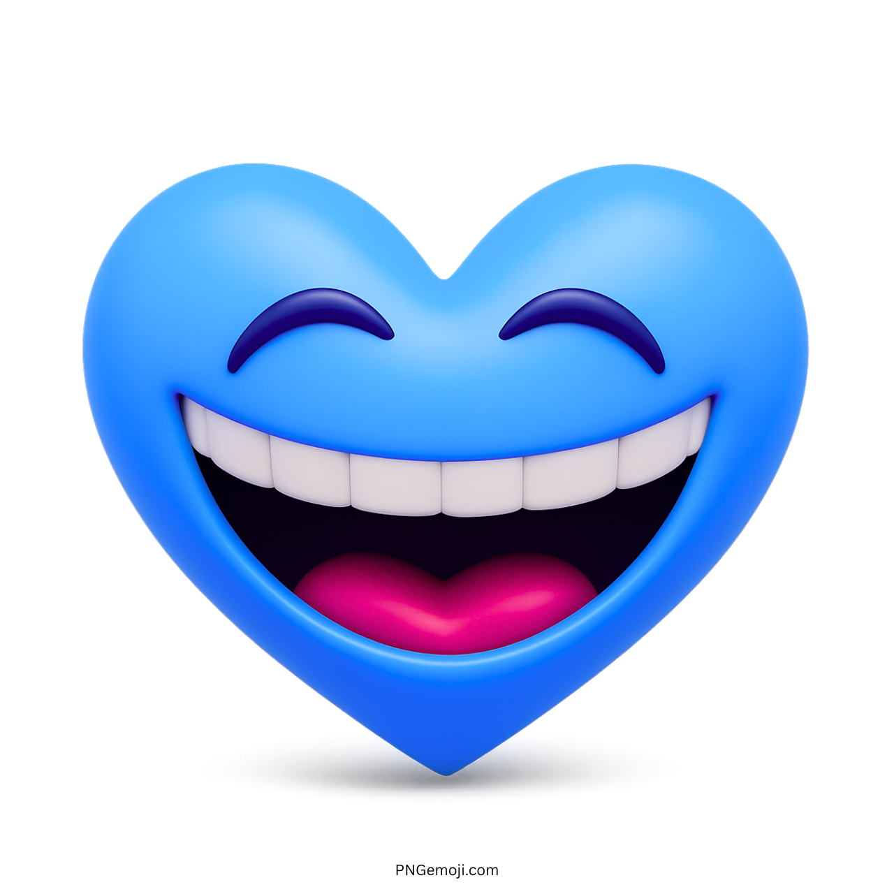 Blue heart emoji with big smile and closed eyes in 3D cartoon style