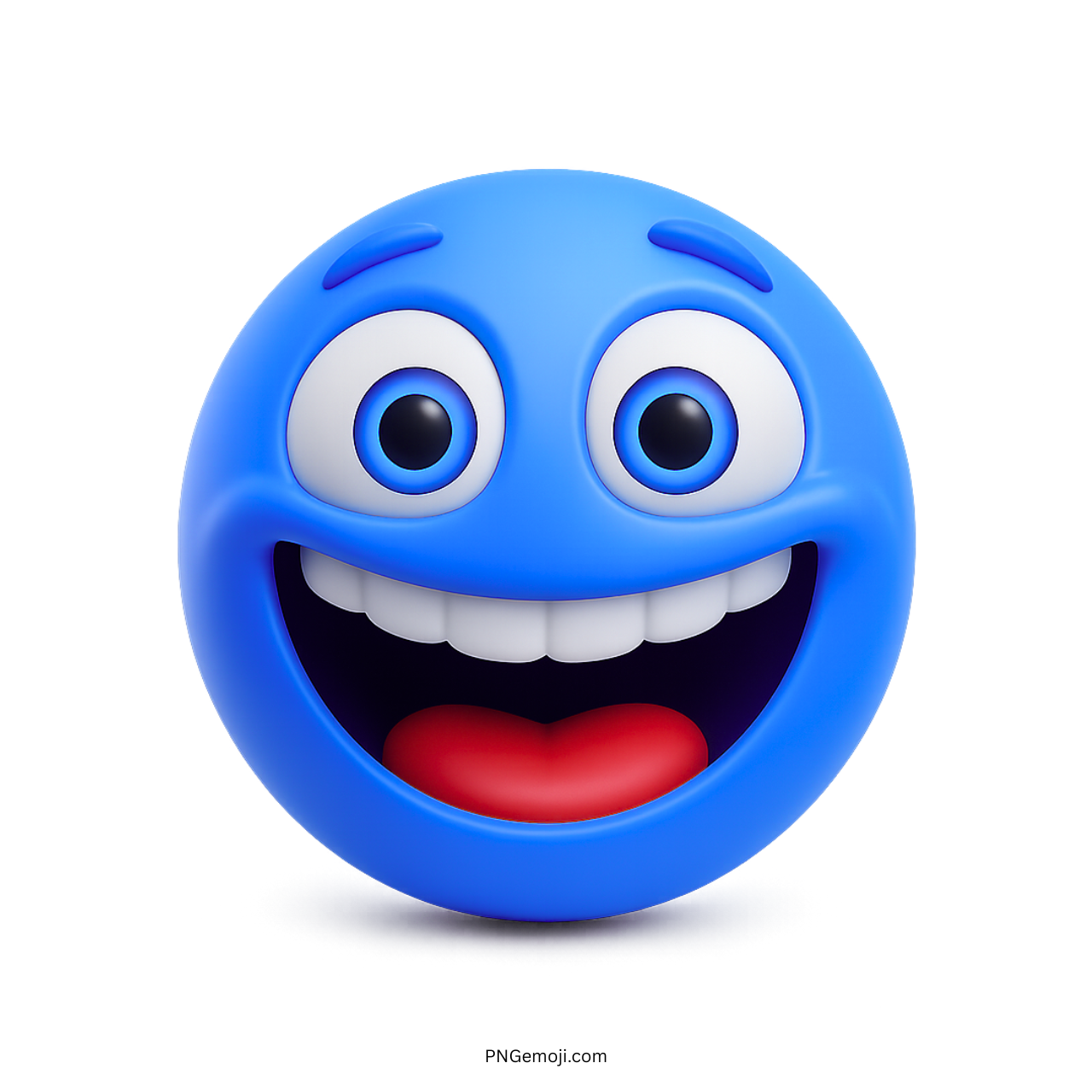 Bright blue 3D emoji with big smile, wide eyes, and excited happy expression