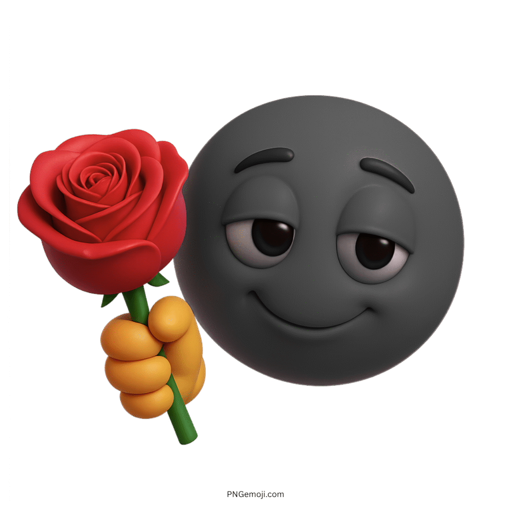 Black 3D smiley emoji offering red rose with calm romantic expression
