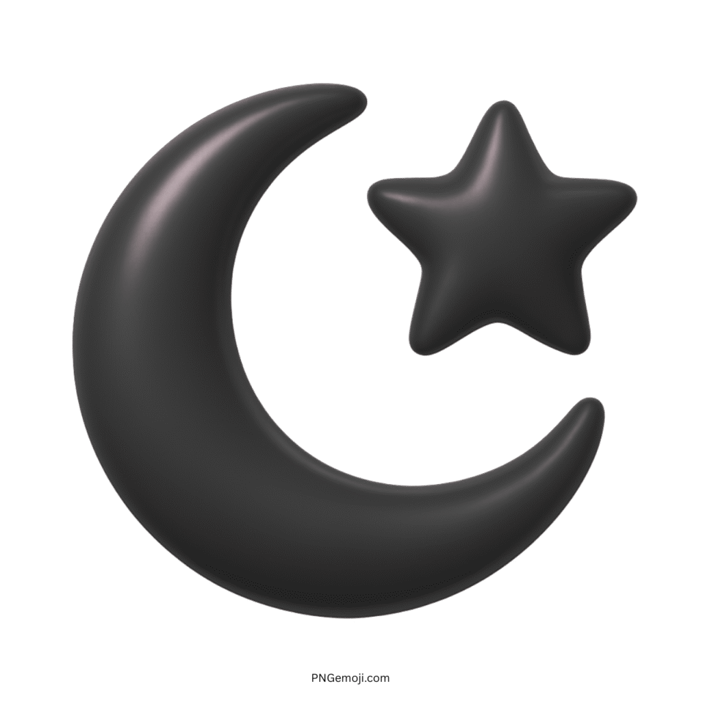 Black 3D crescent moon and star emoji icon symbolizing Islamic culture