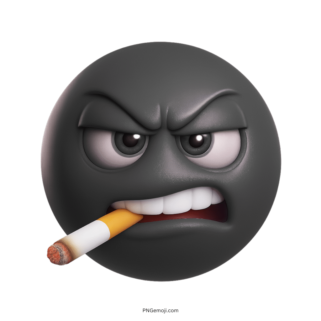 Black 3D angry emoji with cigarette and fierce cartoon face expression