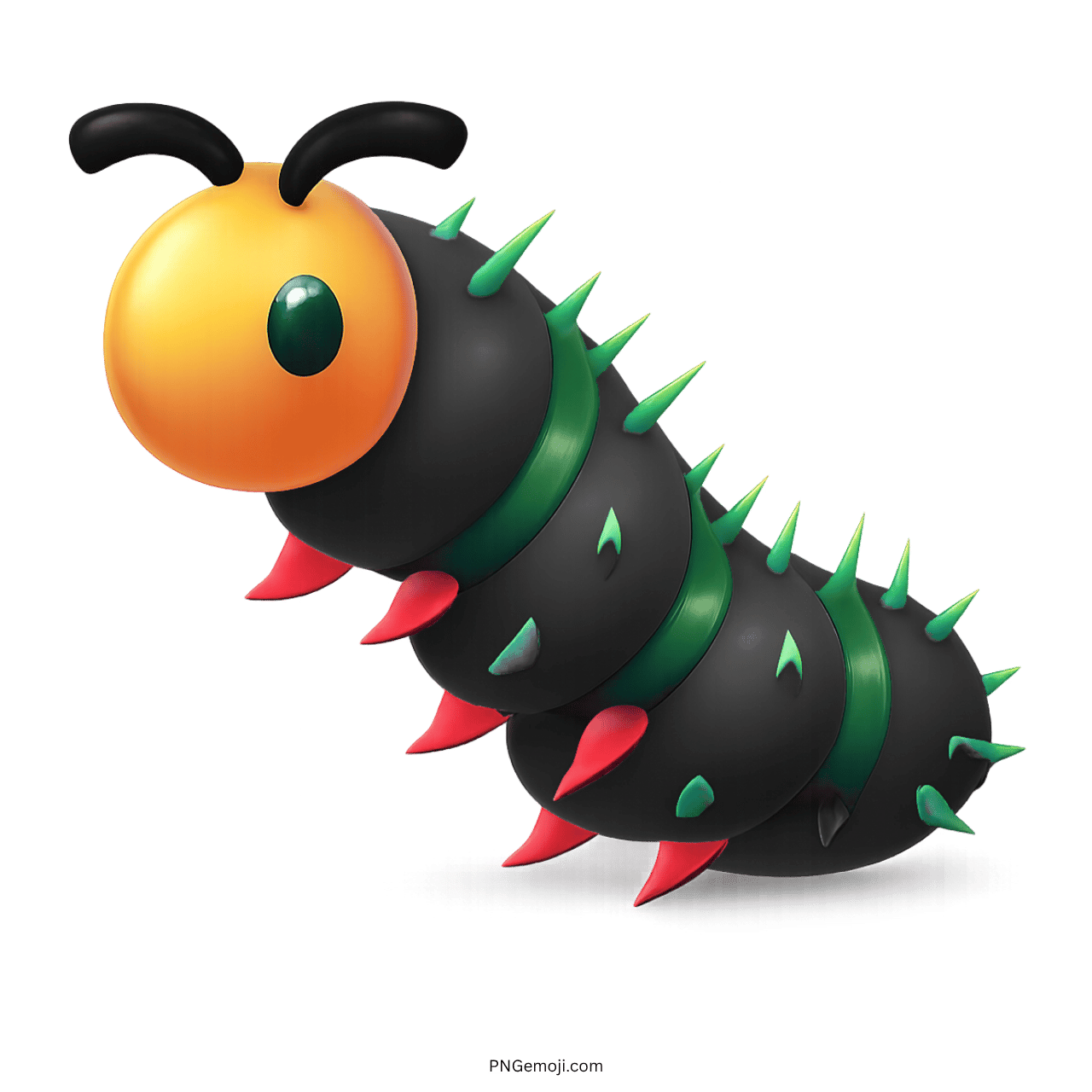 3D black caterpillar emoji with spiked red and green accents on transparent background