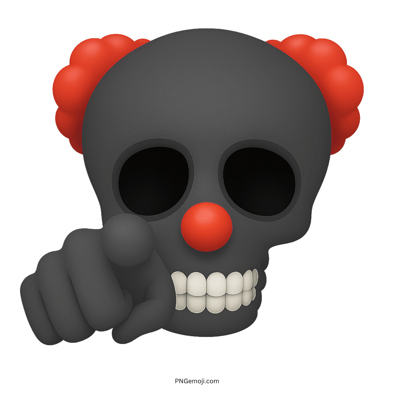 3D black clown skull emoji with red nose and pointing gesture