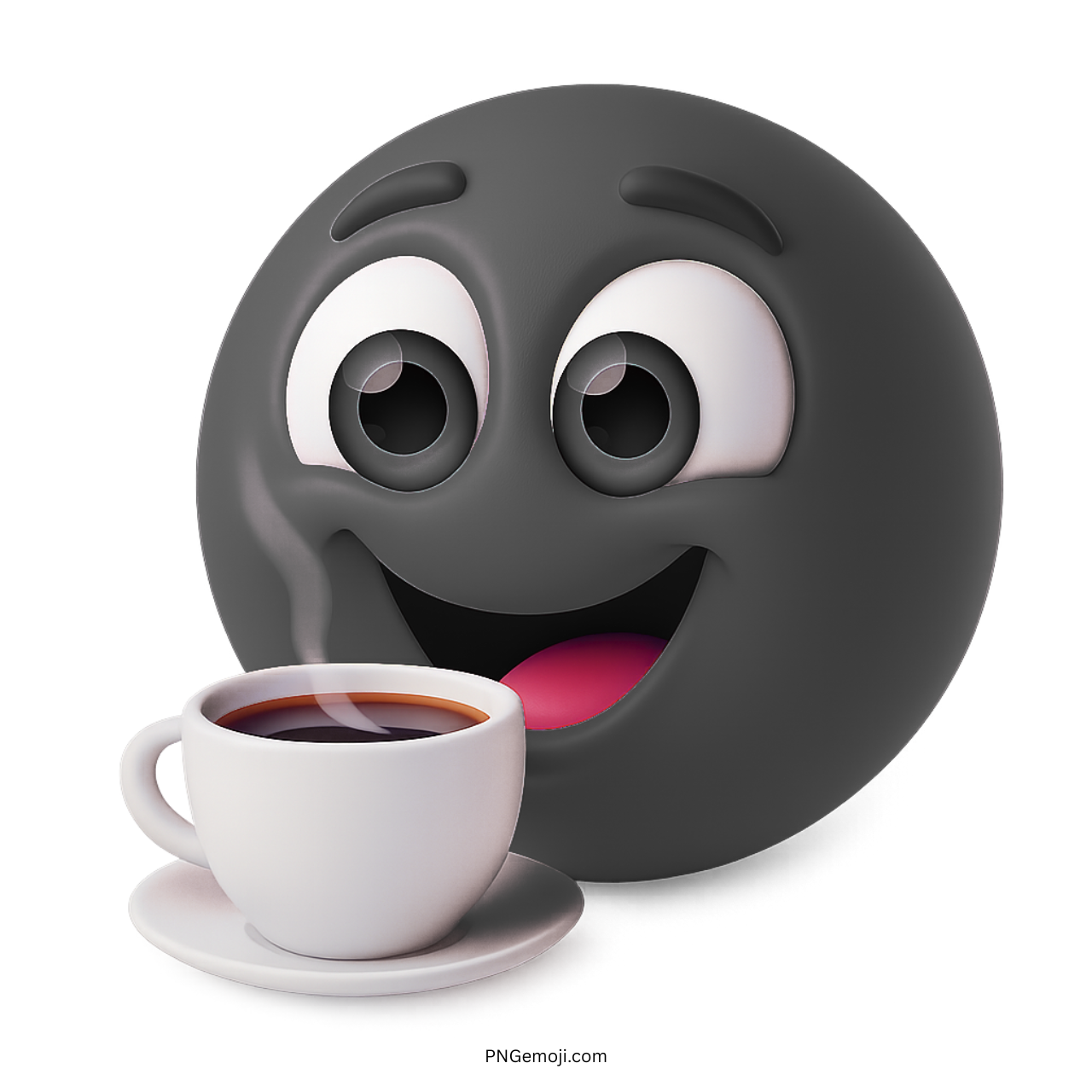 Smiling black emoticon with hot coffee cup on white saucer and steam