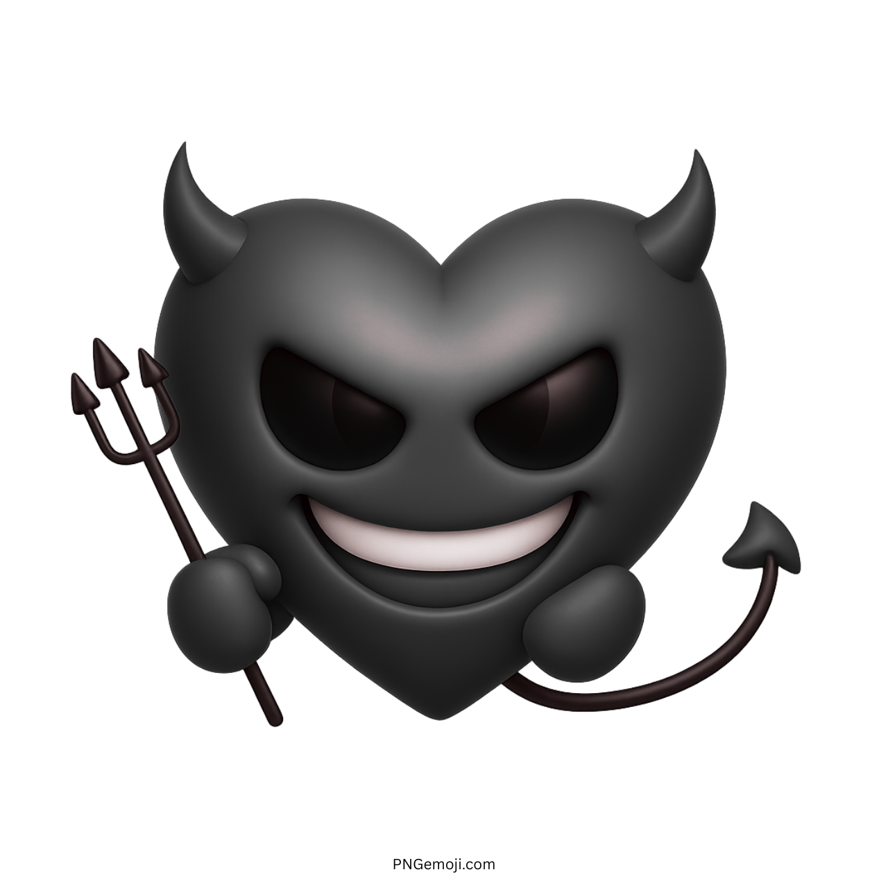 3D black heart devil emoji with horns, trident, evil grin, and curved tail