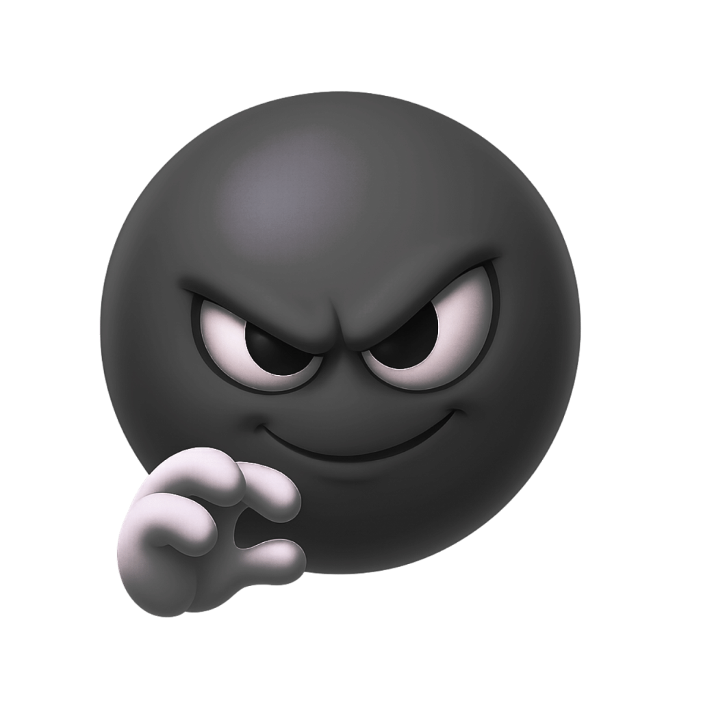 Black devious emoji with mischievous smirk face and evil expression cartoon illustration