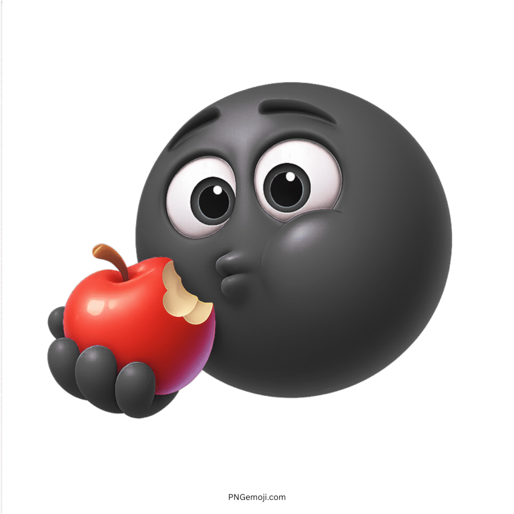 3D black emoji puffing cheeks while biting into a juicy red apple