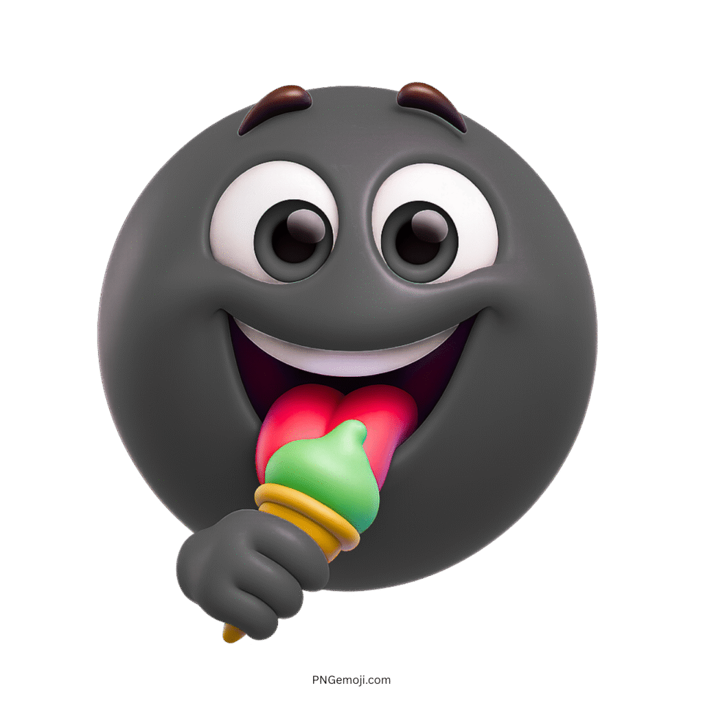 Black emoji cartoon licking colorful ice cream with a cheerful and playful expression