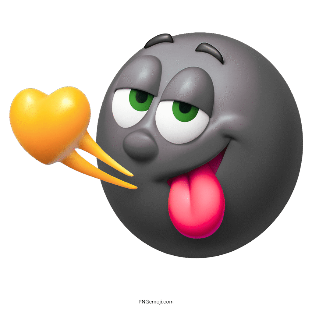 Flirty black smiley emoji with tongue out sending yellow heart kiss