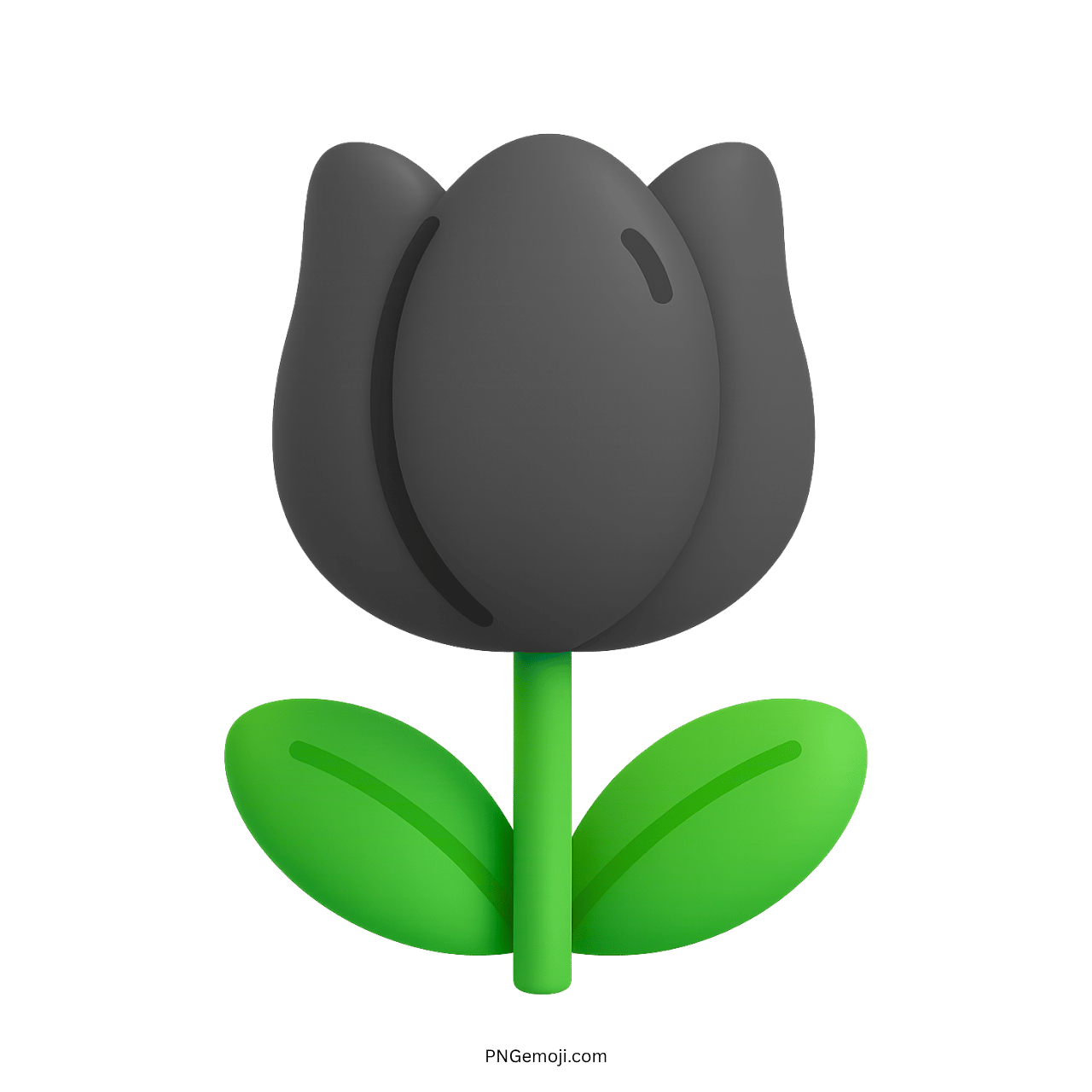 3D black flower drawing PNG with green leaves and stem
