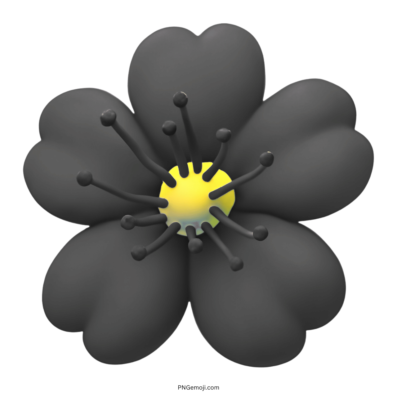 Black 3D flower emoji with yellow center and delicate petals, PNG transparent background