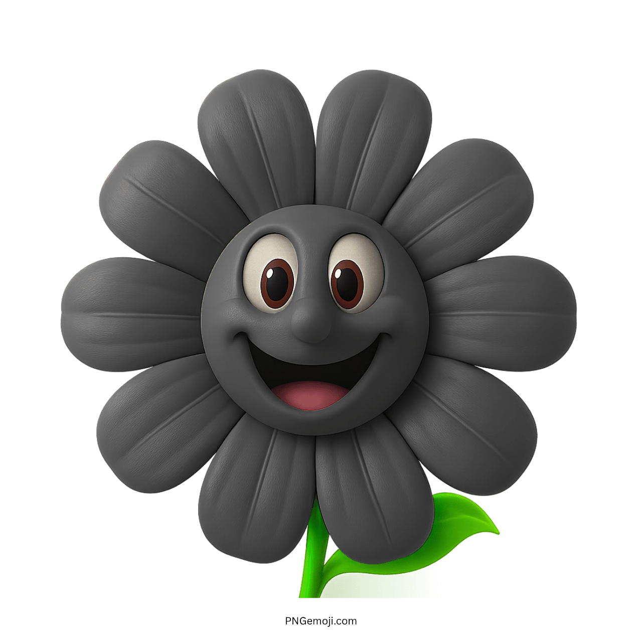 Black smiling flower emoji with a happy face and green leaf.