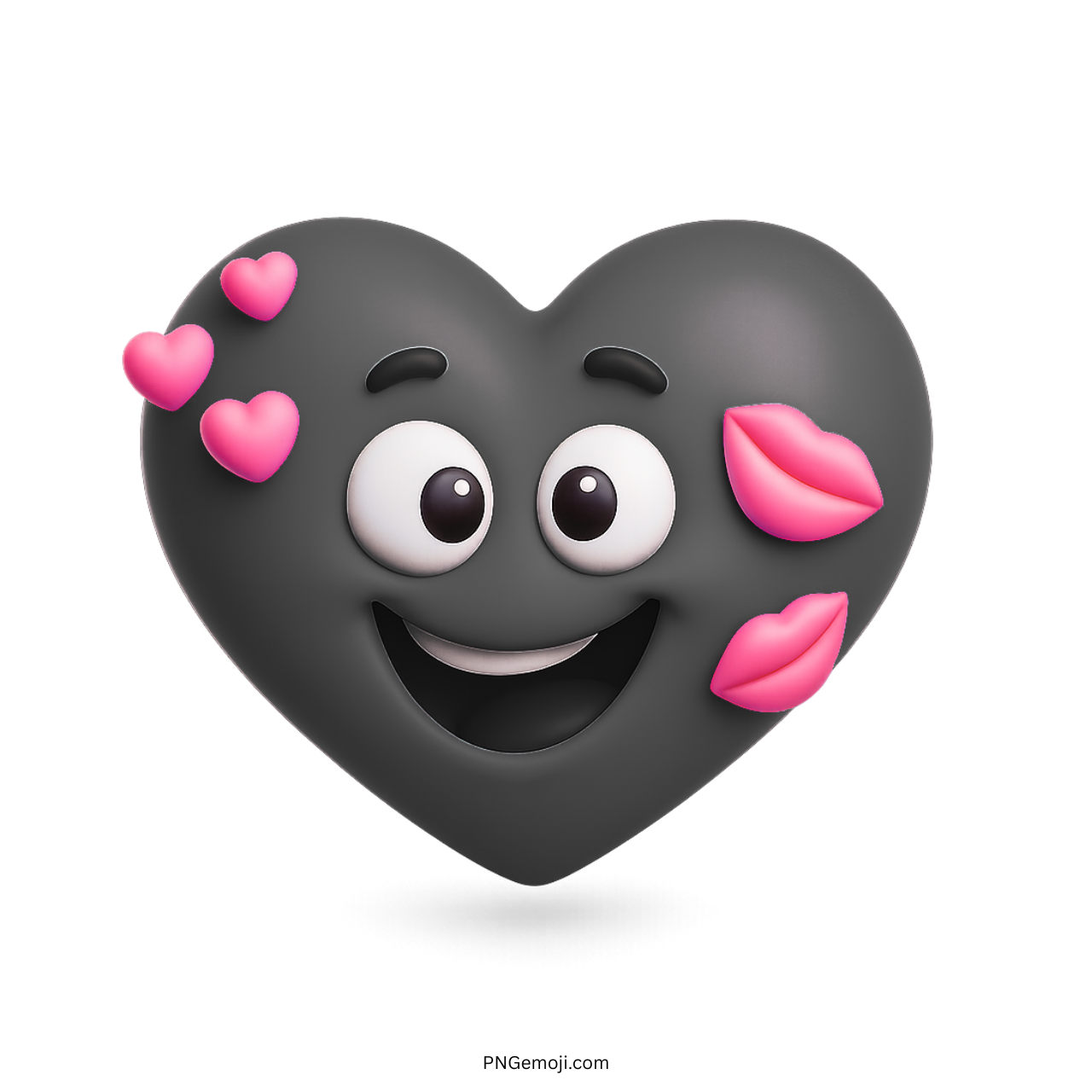 3D black heart emoji with pink kiss marks and love hearts