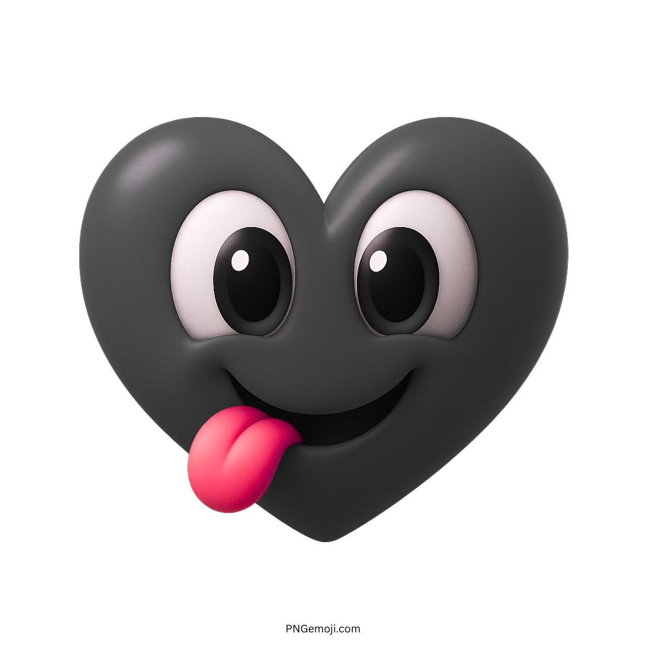 3D black heart emoji with pink tongue out and playful cartoon face