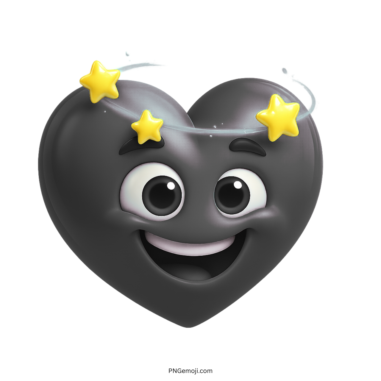 Black heart emoji smiling with spinning yellow stars and sparkling cartoon eyes