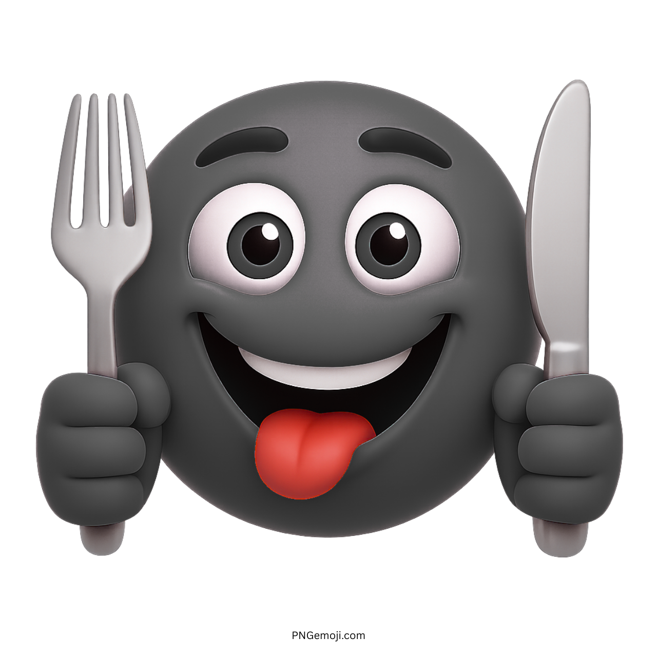 Black hungry emoji holding fork and knife with tongue out expressing meal craving