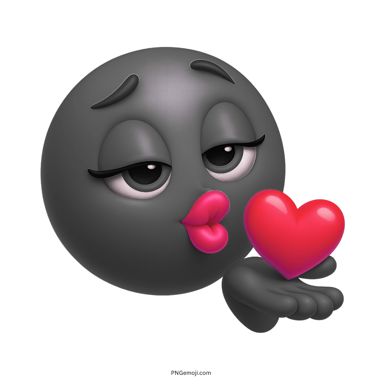 3D black emoji blowing kiss with red heart, romantic and expressive emoticon