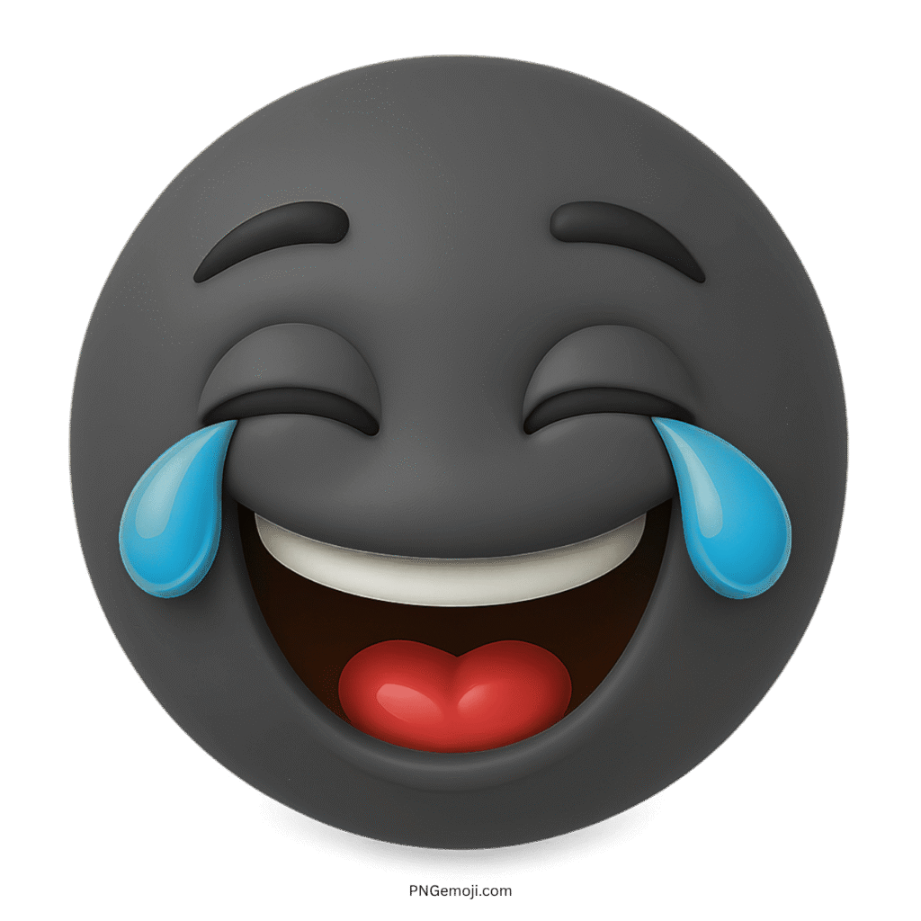 3D black laughing emoji with happy face and blue tears of joy