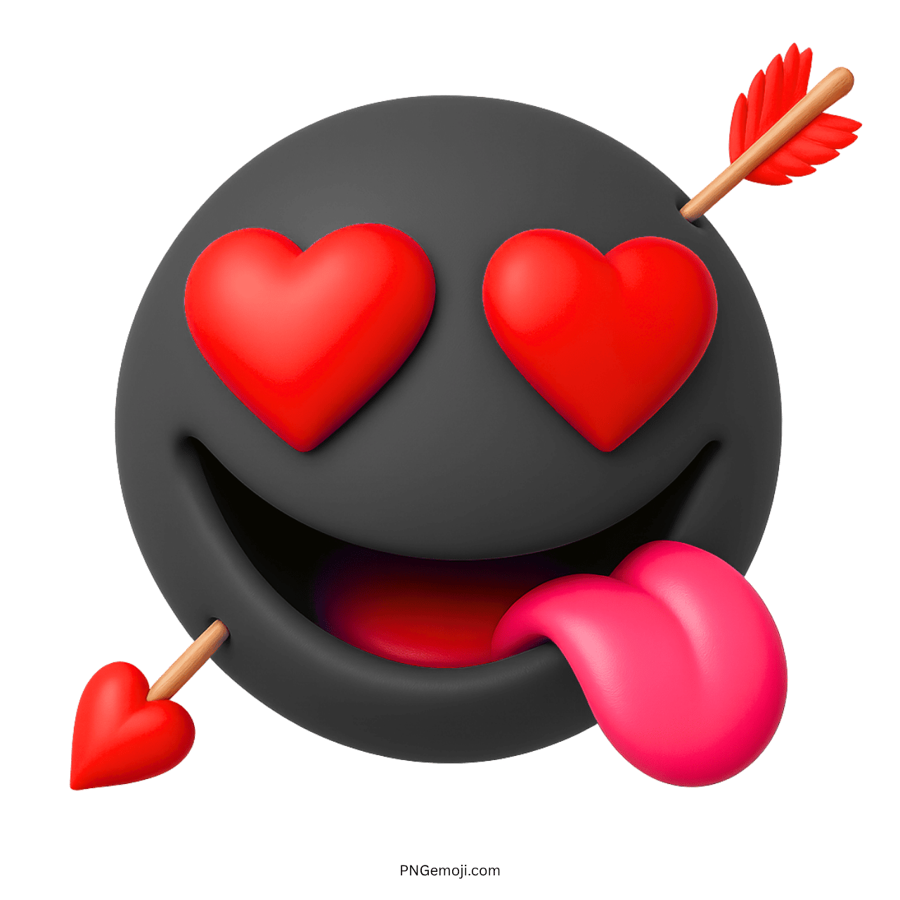 3D black love heart emoji with red hearts and a playful tongue sticking out
